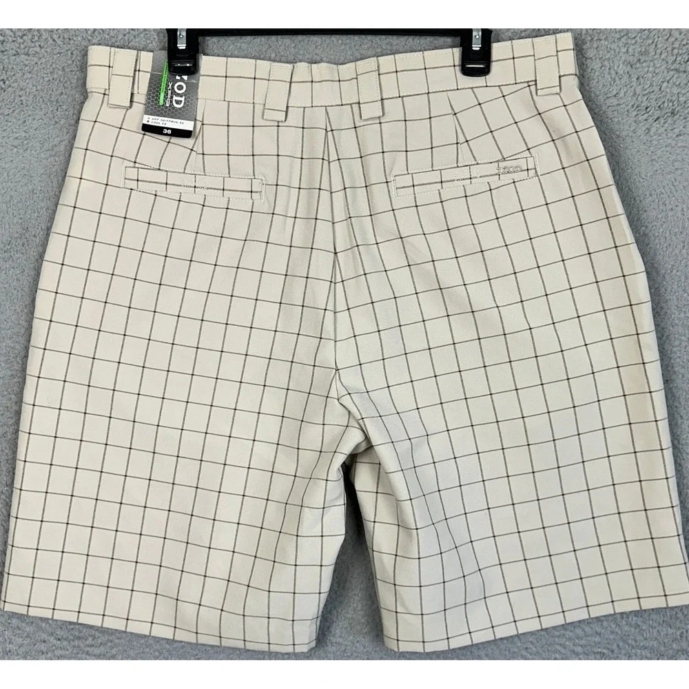 NEW IZOD XFG Shorts Mens 36 Tan Beige Golf Chino Windowpane Plaid Performance